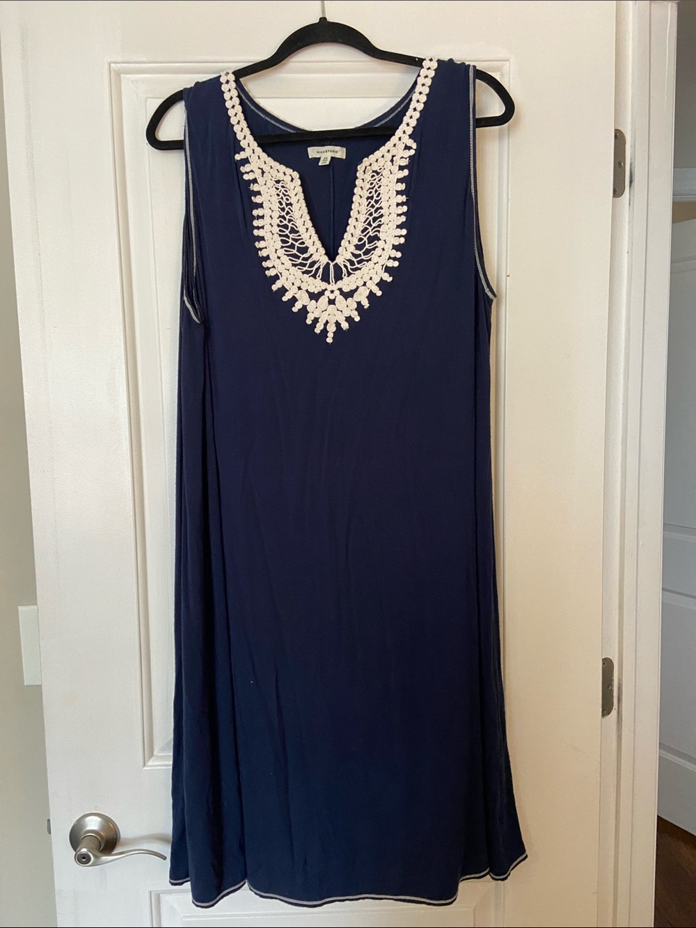 Max Studio Navy Sleeveless Tunic with Cream Crochet Yoke